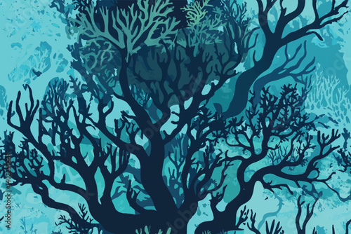 Underwater forest with trees camouflaged as coral and seaweed, hidden beneath the ocean surface