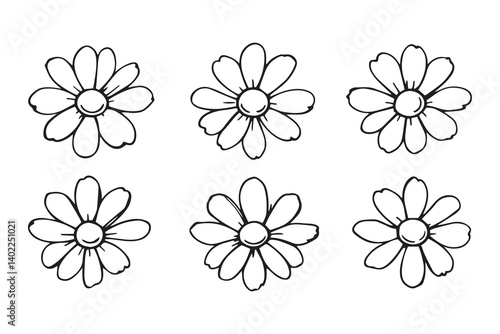 Set of 6 pec in two row  Daisy black line art on white background