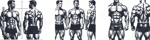 Set of Engraving Designs Featuring Muscular Bodybuilder Shown from Front and Back – Detailed Fitness-Themed Art for Laser Engraving people, silhouette, sketch, clothing, standing, hand drawn 
