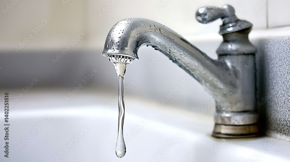 Close-up of a silver faucet with water dripping into a white sink, highlighting plumbing details Close-up of a silver faucet with water dripping into a white sink, highlighting plumbing details