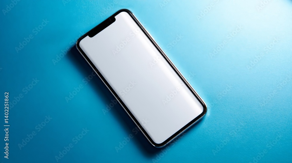 Modern smartphone with blank screen centered on vibrant blue background. Modern smartphone with blank screen centered on vibrant blue background.