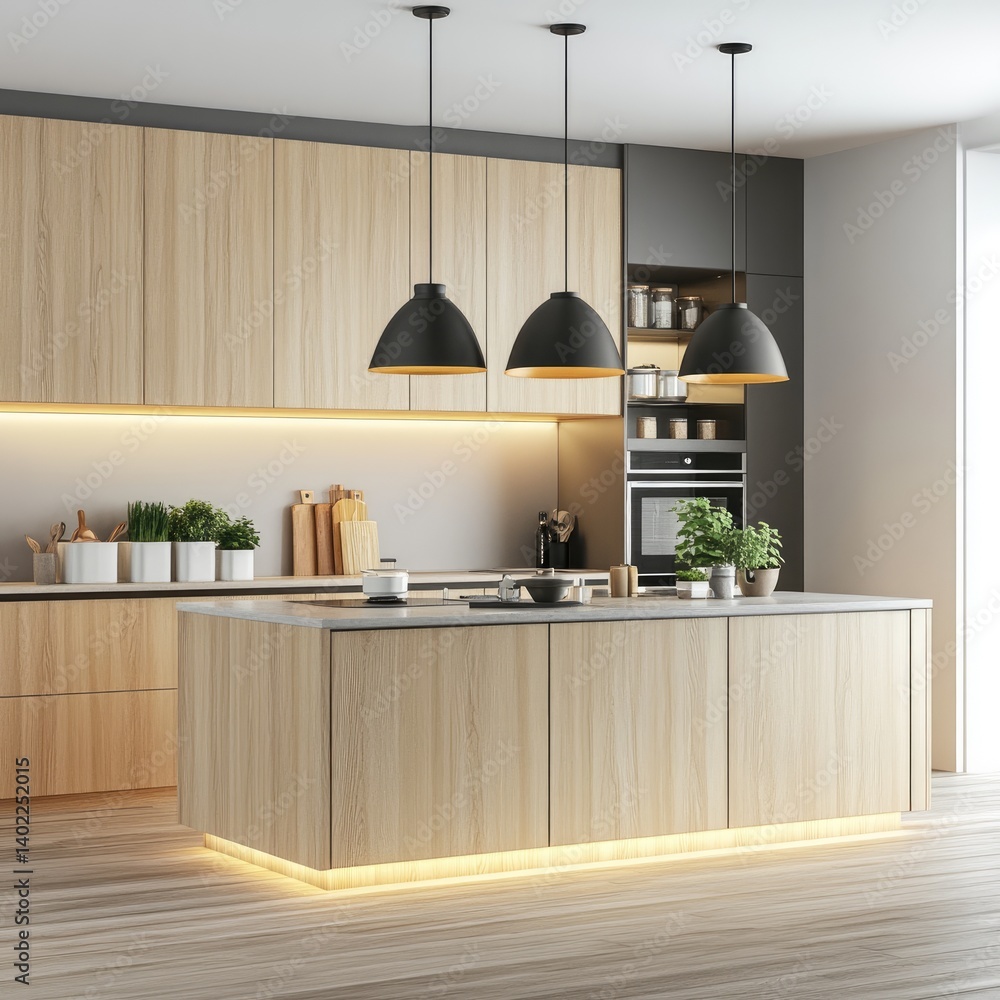 Modern, light-filled kitchen with a large island. Wooden cabinets and countertops, sleek black pendant lights, and subtle accent lighting