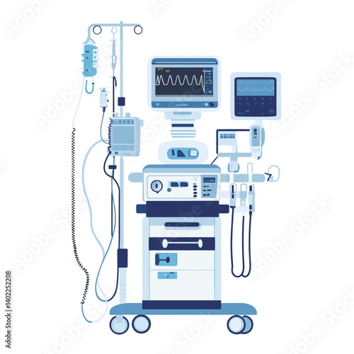 Medical Equipment Illustration: Blue and White Ventilator and Monitoring System