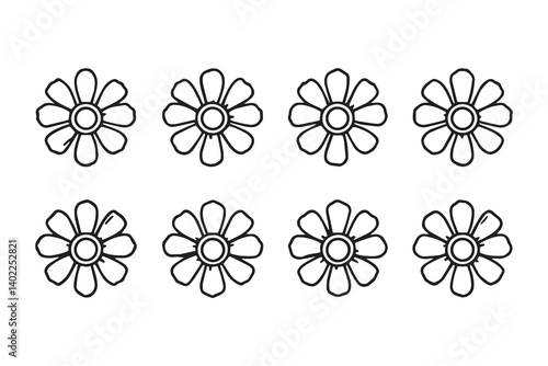 Set of 6 pec in two row  Daisy black line art on white background