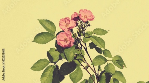 Beautiful Pink Roses with Green Leaves Against Soft Yellow Background