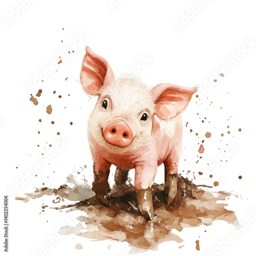 watercolor of Piglet Playing In The Mud, vector, isolated on a white background.
