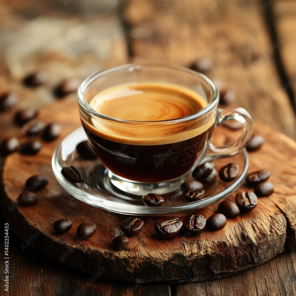 Espresso in a glass cup, surrounded by coffee beans on a wooden board