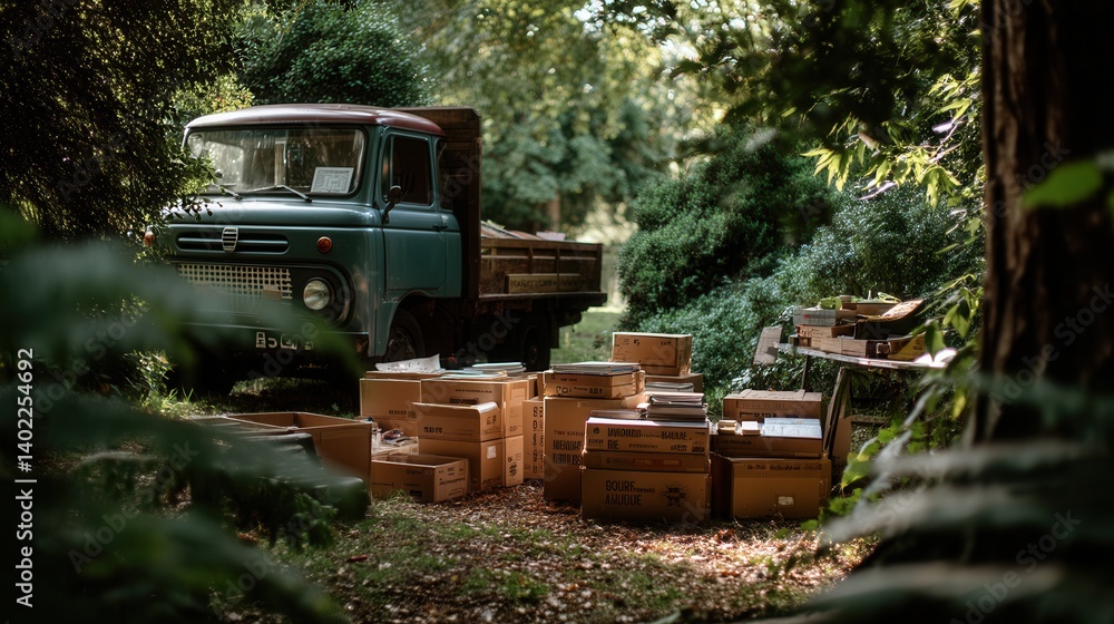 Fototapeta premium Nostalgic vintage truck with wooden crates in forest clearing