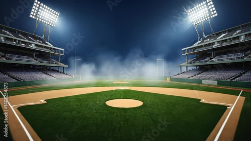 View of a grand baseball field with stadium seating, under bright spotlights and a mysterious hazy atmosphere at night