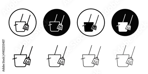 besom with stick and pail icon Flat art illustration in outline