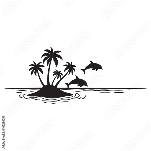 Dolphin Palm Tree Sunset Clipart Tropical Island Beach Scene Summer