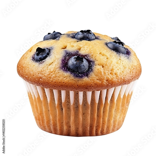 A freshly baked blueberry muffin with a golden brown top, soft crumb, and visible blueberries