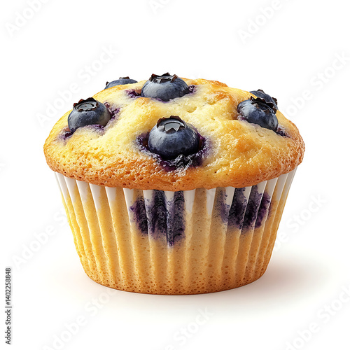 A freshly baked blueberry muffin with golden brown top, soft crumb, and visible blueberries