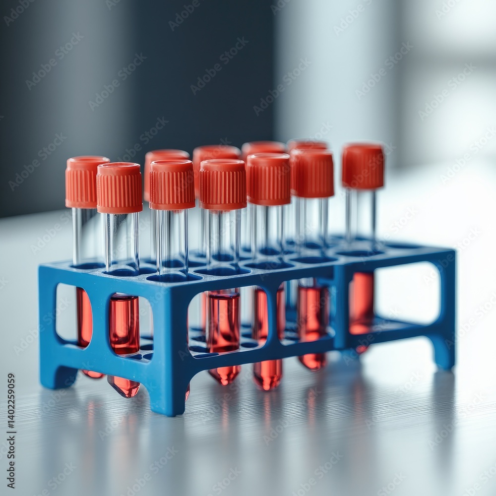 Lab test tubes filled with red liquid in a rack