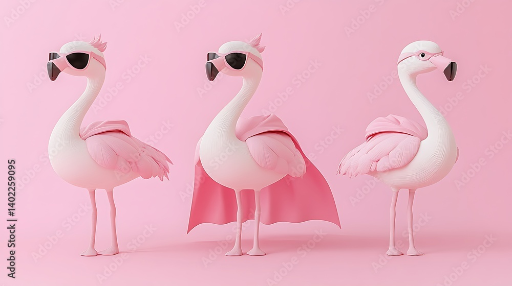 Obraz premium Three Cute Pink Flamingos Wearing Sunglasses and Crowns
