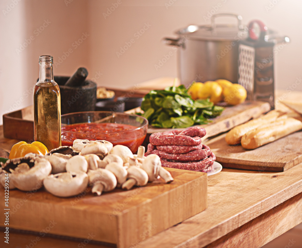 Cooking, Italian food and vegetables in kitchen on table for meal prep for dinner, supper and lunch in home. Recipe, diet and utensils on counter with ingredients for pasta, nutrition and cuisine