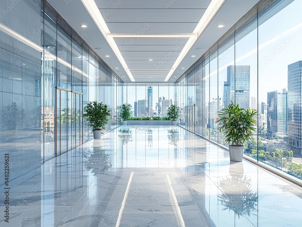 Modern, bright office hallway with city views