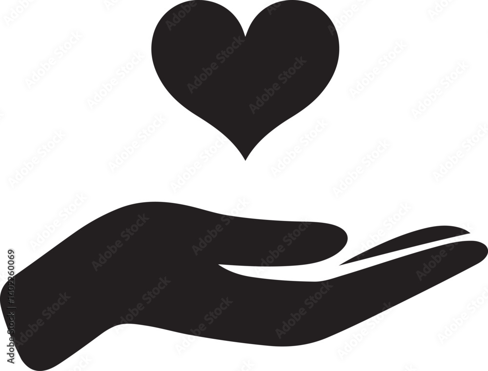 A simple hand holding a heart, symbolizing care and compassion. A black silhouette of an outstretched hand holding a heart-shaped object against a plain white background. A simple hand holding a heart, symbolizing care and compassion. A black silhouette of an outstretched hand holding a heart-shaped object against a plain white background.
