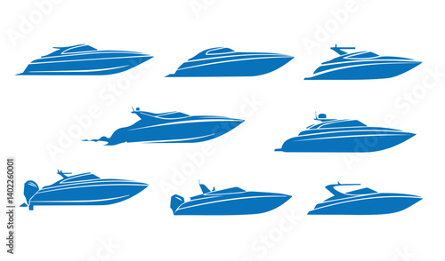Premium blue-toned motorboat silhouettes perfect for crafting digital artwork or elevating marine creative design inspirations

