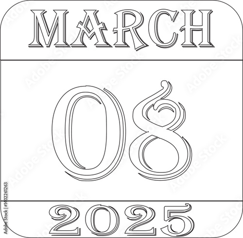 March 2025 calendar line art icon.Single day calendar in vector illustration flat style.Agenda plan, march month schedule calendar and Time planner.Meeting appointment time.Calendar Event schedule dat