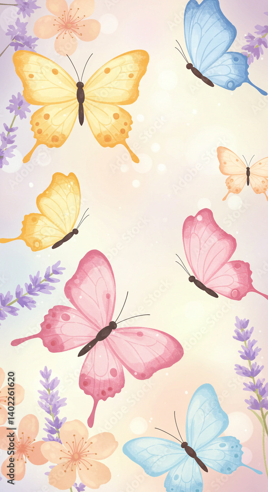 Minimalist light background with scattered pastel butterflies. Clean and simple mobile wallpaper design for smartphone aesthetic. Minimalist light background with scattered pastel butterflies. Clean and simple mobile wallpaper design for smartphone aesthetic.
