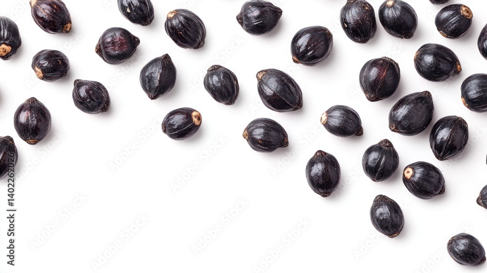 Dark brown seeds scattered on white background. Top view, Dark brown seeds scattered on white background. Top view,