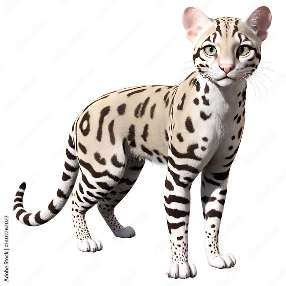 Obraz premium 3D Realistic Cartoon Illustration of a Spotted Leopard Cat with Vibrant Whiskers and Yellow Eyes