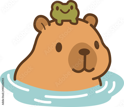 A capybara is soaking in water with a frog on its head.
