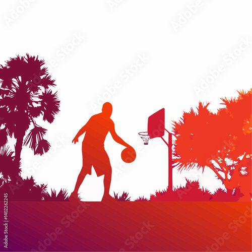 Silhouette of a basketball player dribbling the ball in front of a basketball hoop, surrounded by palm trees.  The player is in the middle of a game, about to shoot the ball.