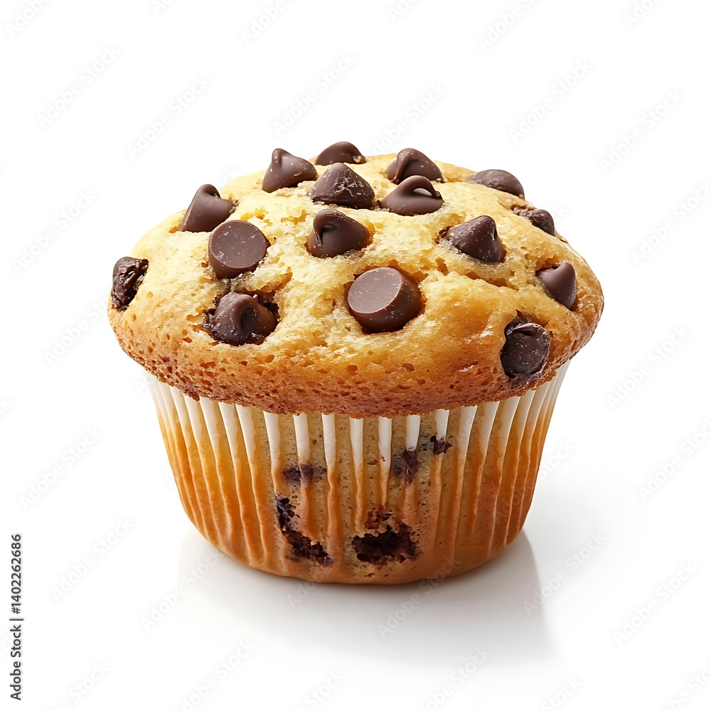 A freshly baked chocolate chip muffin with a golden brown top, soft crumb, and visible chocolate chips A freshly baked chocolate chip muffin with a golden brown top, soft crumb, and visible chocolate chips