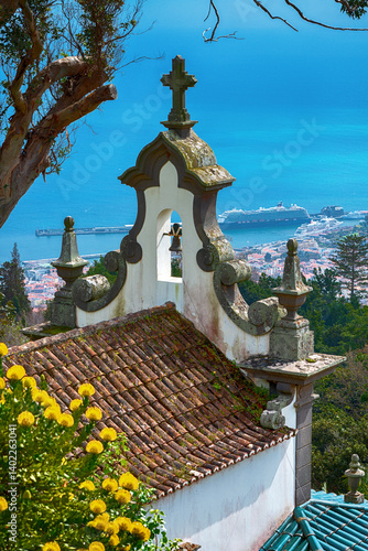 View of Funchal port from Monte with old chapel. Madeira, Portugal.