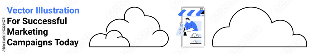 Clouds framing a digital marketing concept featuring a man managing a small store. Ideal for e-commerce, small business, digital marketing, branding, analytics, innovation, communication. Flat Clouds framing a digital marketing concept featuring a man managing a small store. Ideal for e-commerce, small business, digital marketing, branding, analytics, innovation, communication. Flat