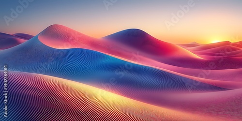 Dreamlike desert filled with oversized 3D puzzle pieces and rainbow sand dunes, glowing from beneath, soft dusk lighting, low camera angle.