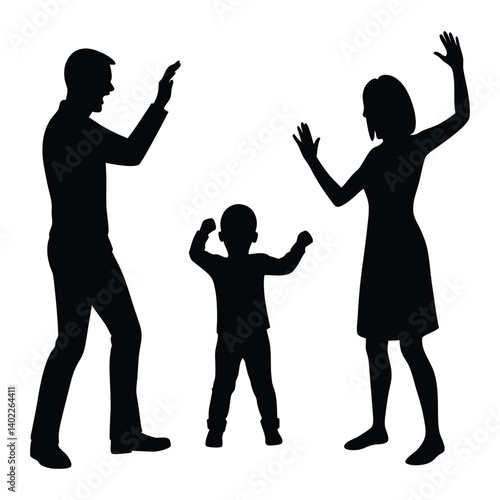 Family Conflict Silhouette: A stark silhouette depicting a family in conflict, highlighting the emotional intensity of parental discord and its impact on a child.  