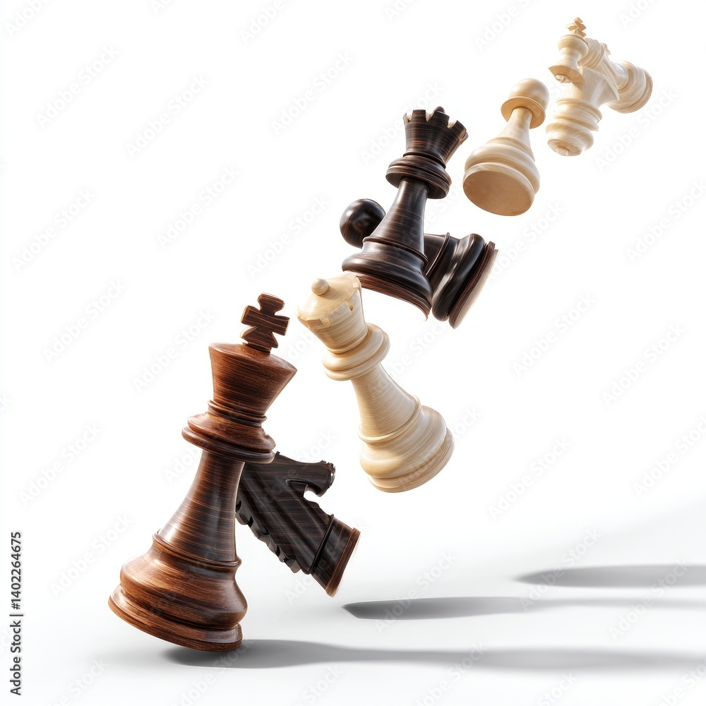 Chess pieces in mid-air, representing a strategic game