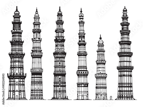 Qutub Minar Line Art Illustration
