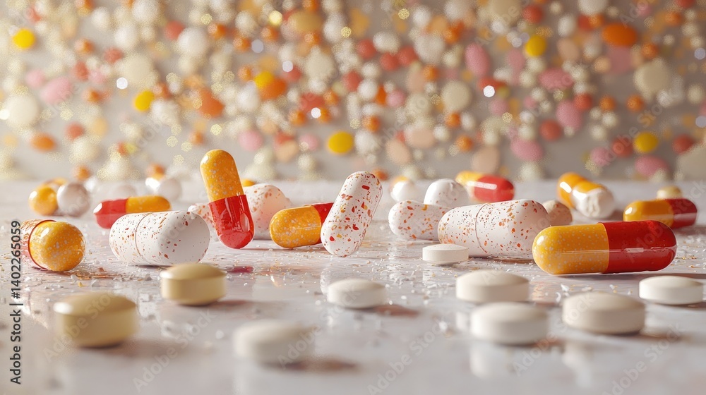 Assorted pills and capsules. Colorful medicine scattered on a surface. Blurred background of various pills and tablets