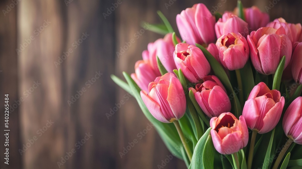 Fototapeta premium A rustic wooden surface serves as the backdrop for a charming arrangement of pink tulips.