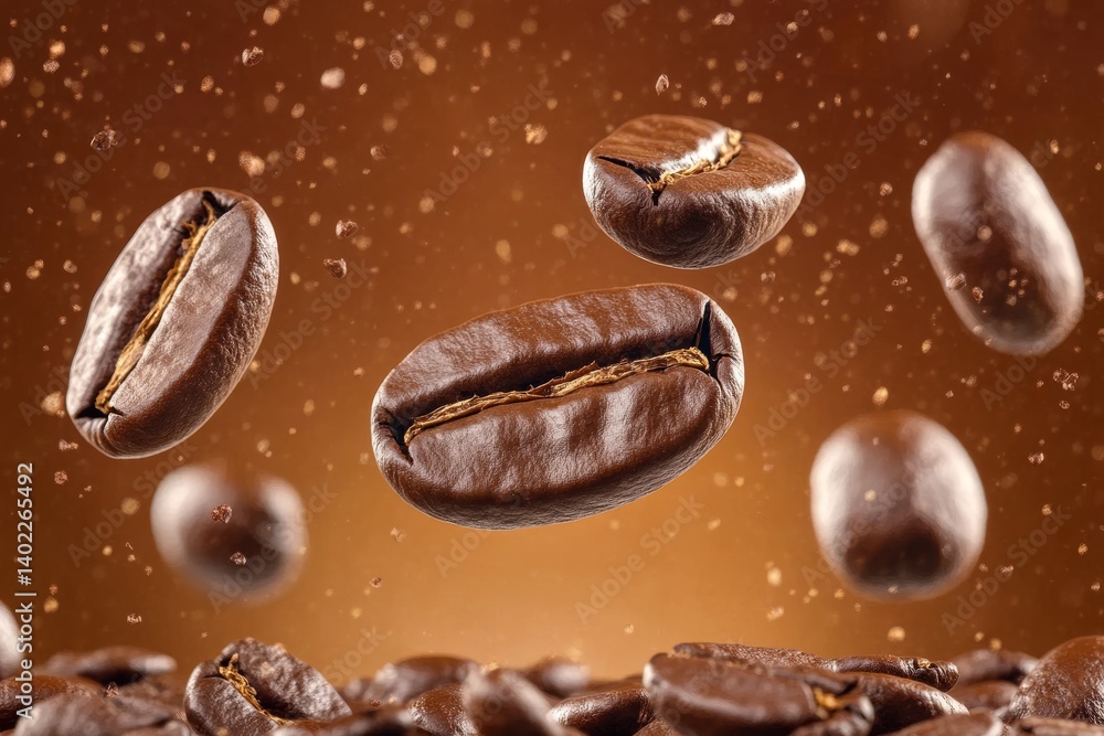 Rich coffee beans floating above ground, dark brown tones, ideal for coffee-related themes, emphasizes freshness and quality. Rich coffee beans floating above ground, dark brown tones, ideal for coffee-related themes, emphasizes freshness and quality.
