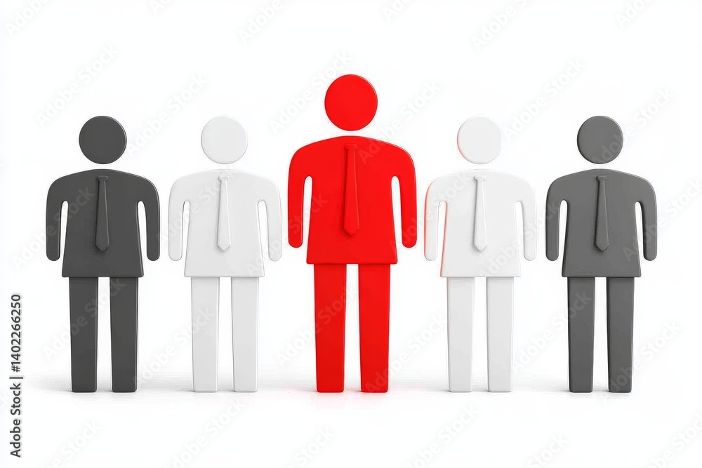 Distinctive figure in red among grayscale silhouettes, symbolizes individuality and creativity in a modern corporate setting. Distinctive figure in red among grayscale silhouettes, symbolizes individuality and creativity in a modern corporate setting.