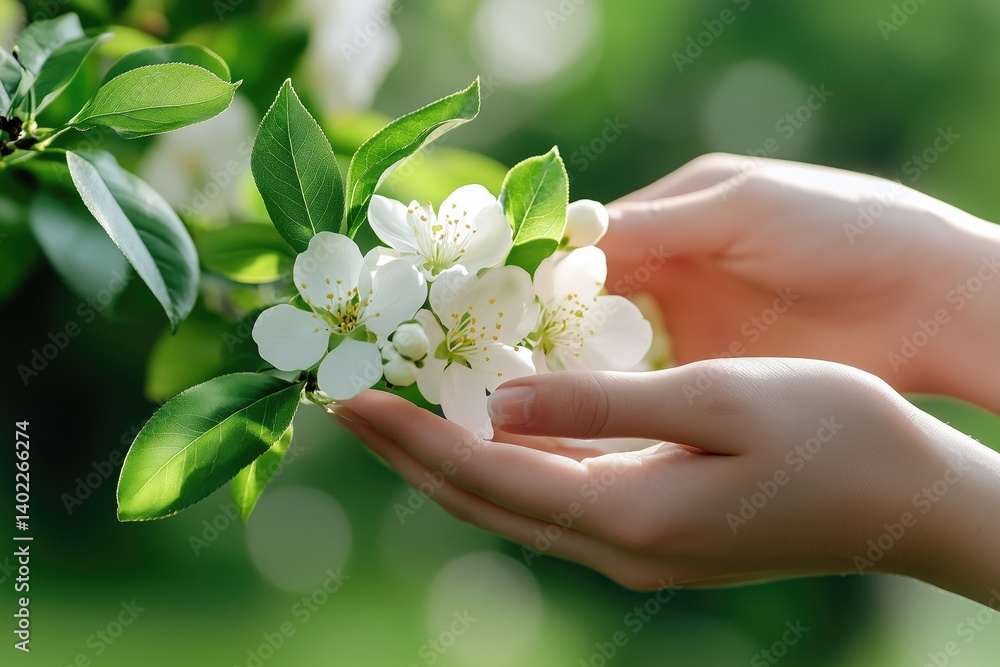 Delicate hands caress a blossoming branch. Soft white flowers gently held in the palms. Fresh spring greenery
