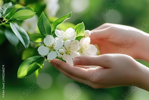 Obraz na płótnie Delicate hands caress a blossoming branch. Soft white flowers gently held in the palms. Fresh spring greenery w salonie