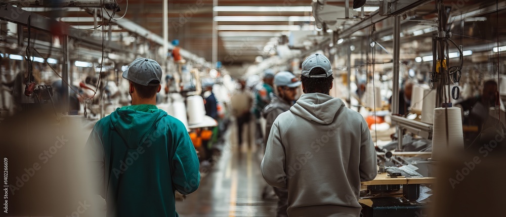 Back view of male factory workers operating industrial machinery in warehouse Back view of male factory workers operating industrial machinery in warehouse