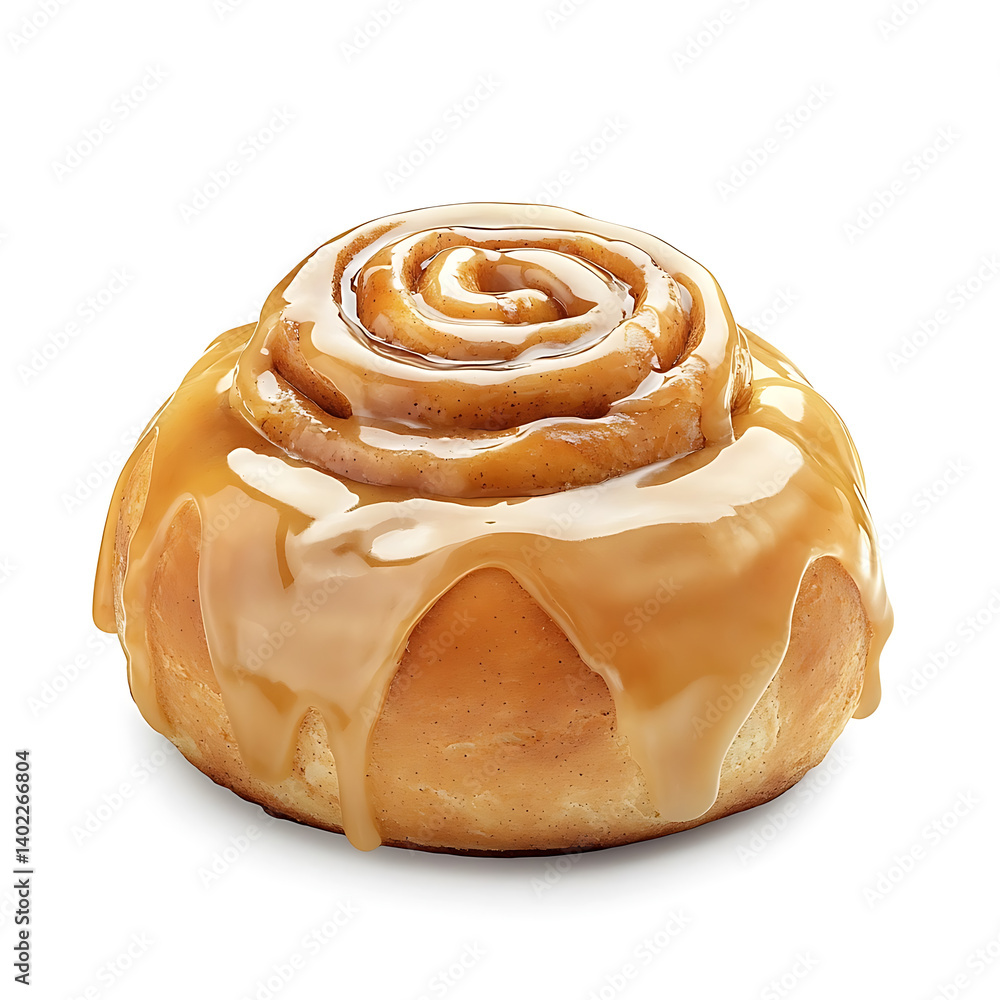 Fototapeta premium A freshly baked cinnamon bun with a golden brown sticky glaze, soft interior, and visible cinnamon swirl