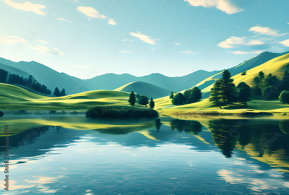 Fototapeta premium A serene landscape featuring a river winding through lush green forests under a soft, glowing sunrise,generative AI