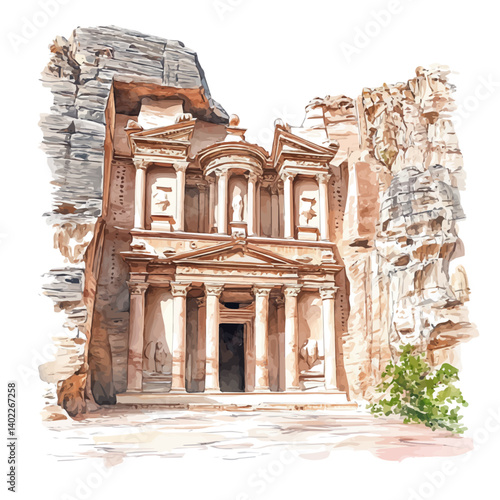 Petra Treasury FaAade, vector watercolor illustration, isolated on a white background.
