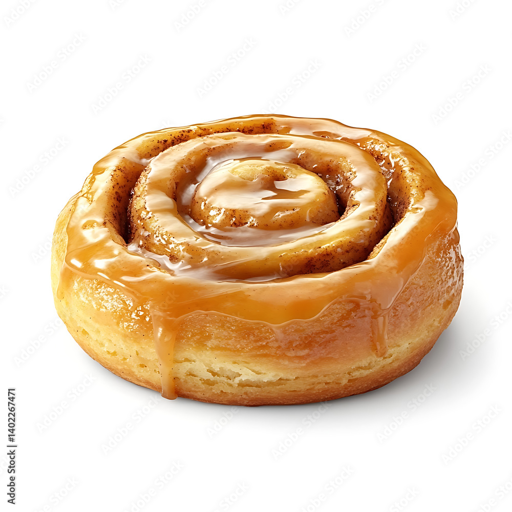 Fototapeta premium A freshly baked cinnamon roll with a golden brown sticky glaze, soft center, and visible cinnamon swirl