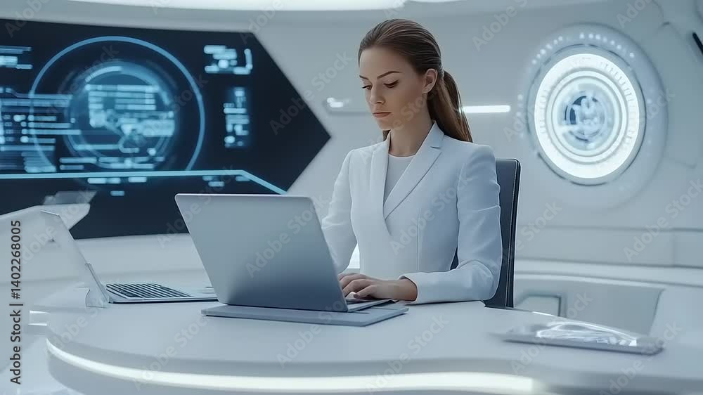 Woman in white lab coat working on a laptop in a futuristic lab Woman in white lab coat working on a laptop in a futuristic lab