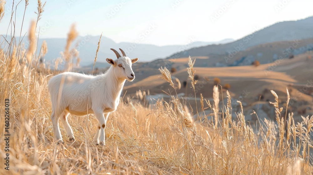 Obraz premium A serene white goat grazes in a golden sunlit field with mountains in the background.
