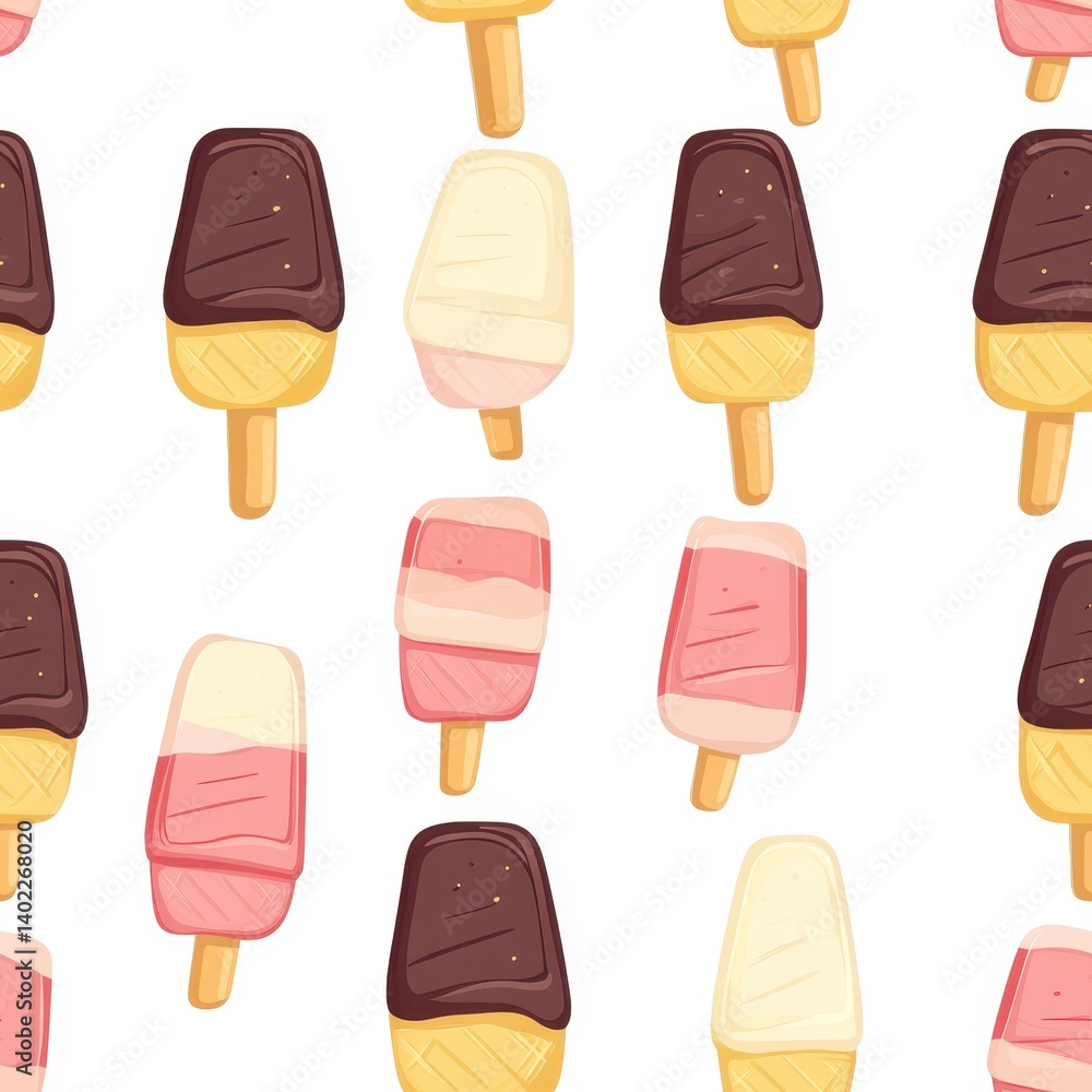 Dessert seamless ice cream pastel style. A fun, colorful pattern of ice cream popsicles on a white background, featuring various flavors and designs. Dessert seamless ice cream pastel style. A fun, colorful pattern of ice cream popsicles on a white background, featuring various flavors and designs.